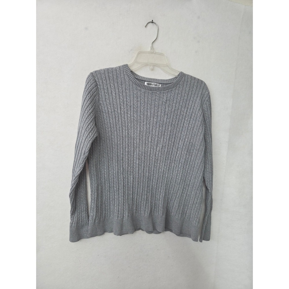 WinterSilks‎ Sweater Womens L Gray Cotton Silk Cable Knit Crew Neck Long Sleeve